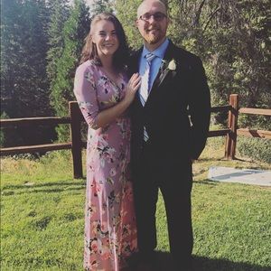 Floor length, mauve floral, faux wrap dress in size large